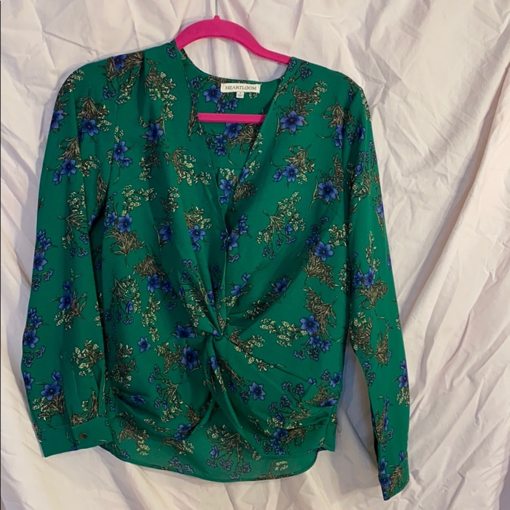 Green blouse with purple flowers